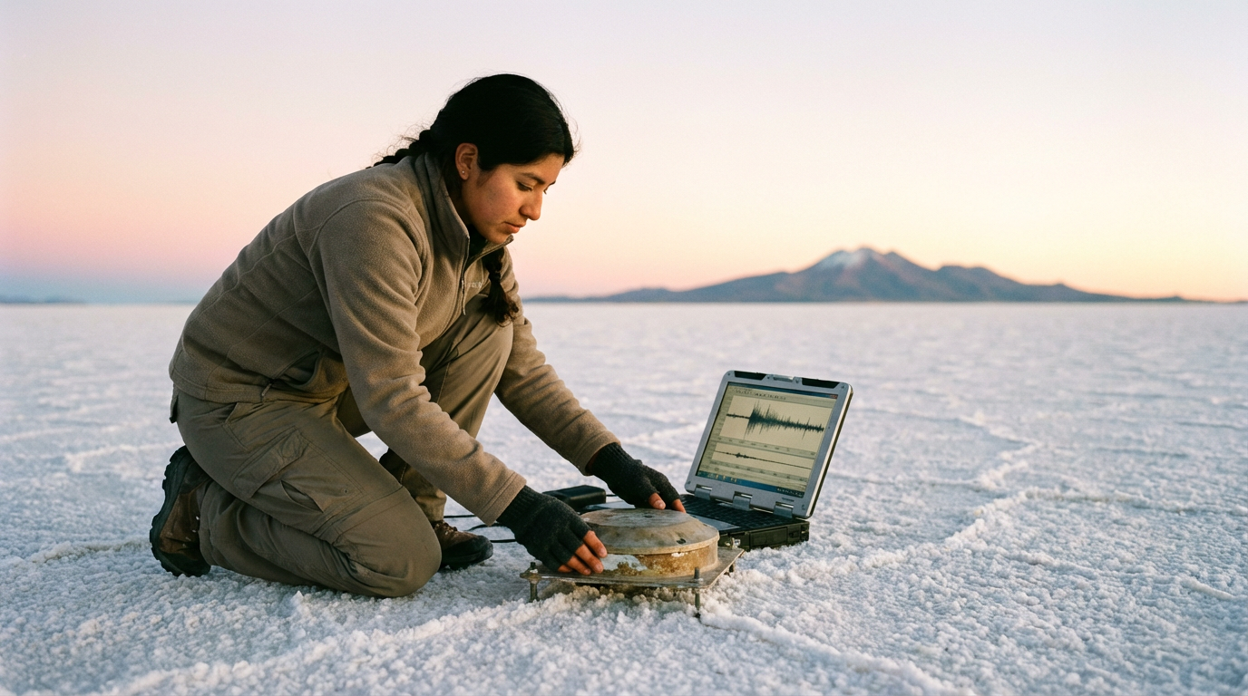 A researcher kneels on the Salar de Uyuni, checking a sensor node connected to a laptop displaying seismic waveforms