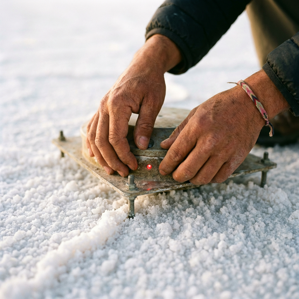 Weathered hands positioning a sensor node on crystalline salt, a single red LED glowing