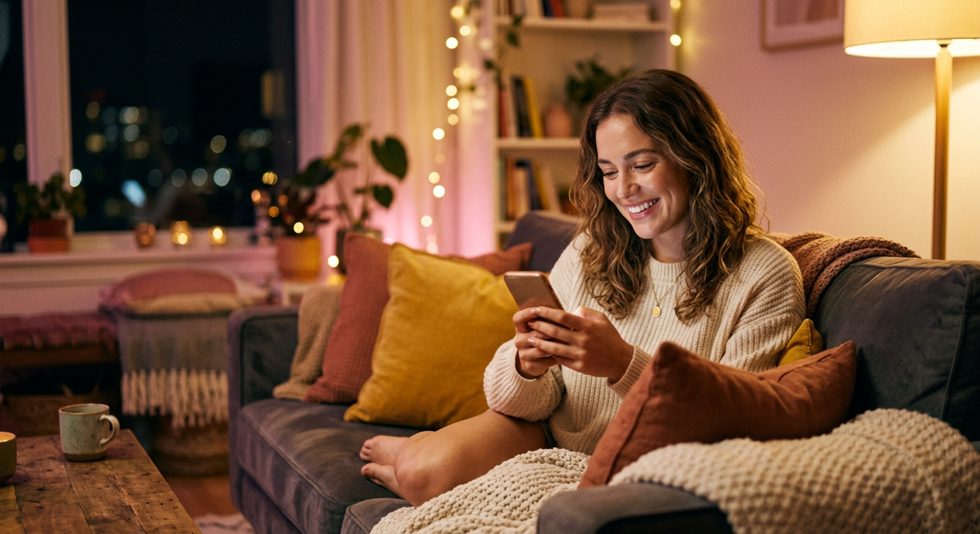 Soft-focus ad showing a woman laughing at her phone, warm golden light, tagline 'Your Person, Your Way'