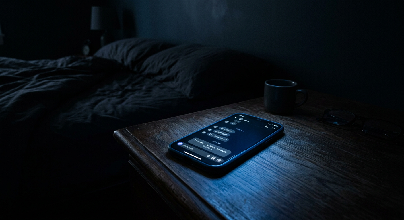 Phone screen showing a chat interface with a final message: 'This service is no longer available.' Blue glow on a dark bedside table.