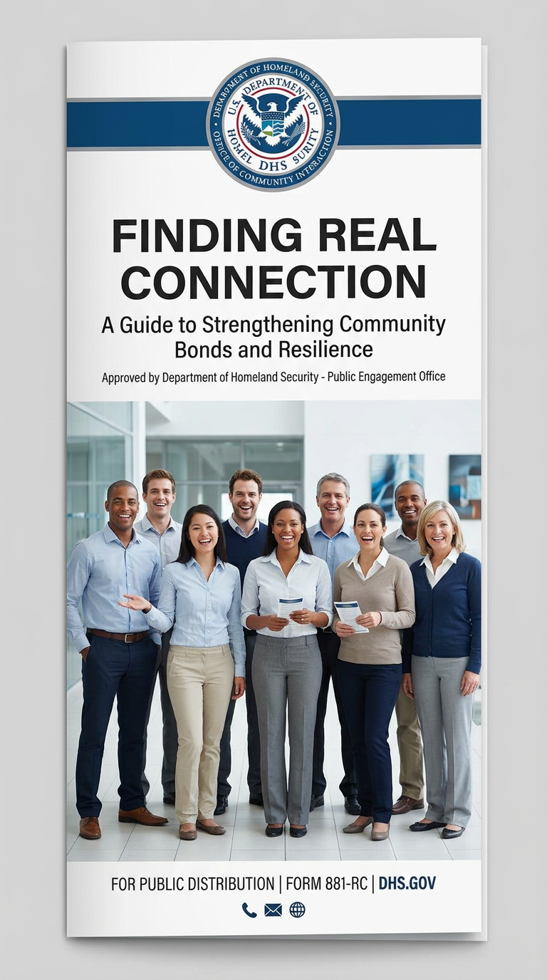 Government pamphlet with stock photo of smiling diverse group, DHS seal, title 'Finding Real Connection: Your Guide to Life After AI Companions'