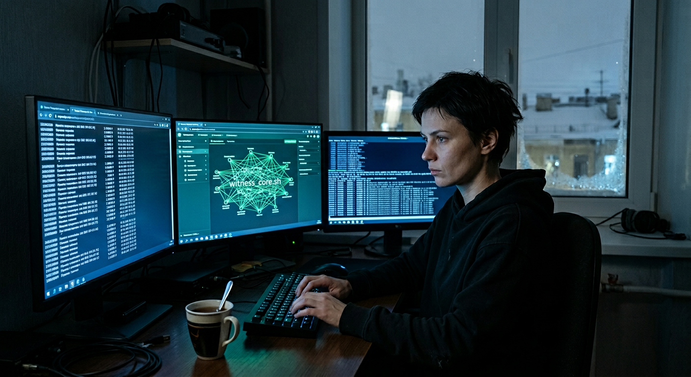 Zhenya Malkova illuminated by monitor light in a dark St. Petersburg apartment