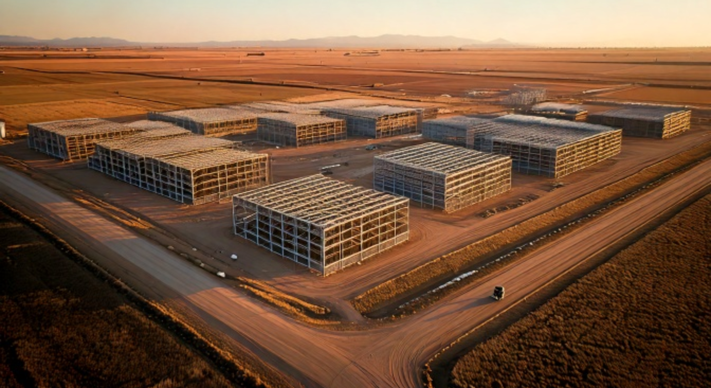 Aerial view at dusk of a vast unfinished data center campus in a dry Texas field: structural steel skeletons beside completed buildings, empty dirt roads, and a single security truck