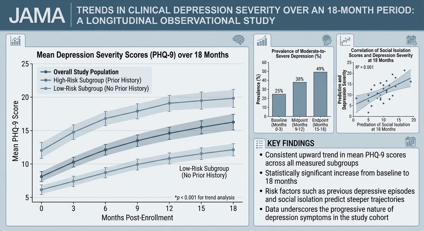 Clinical research infographic showing rising depression curves post-companion-shutdown, muted blue and grey palette