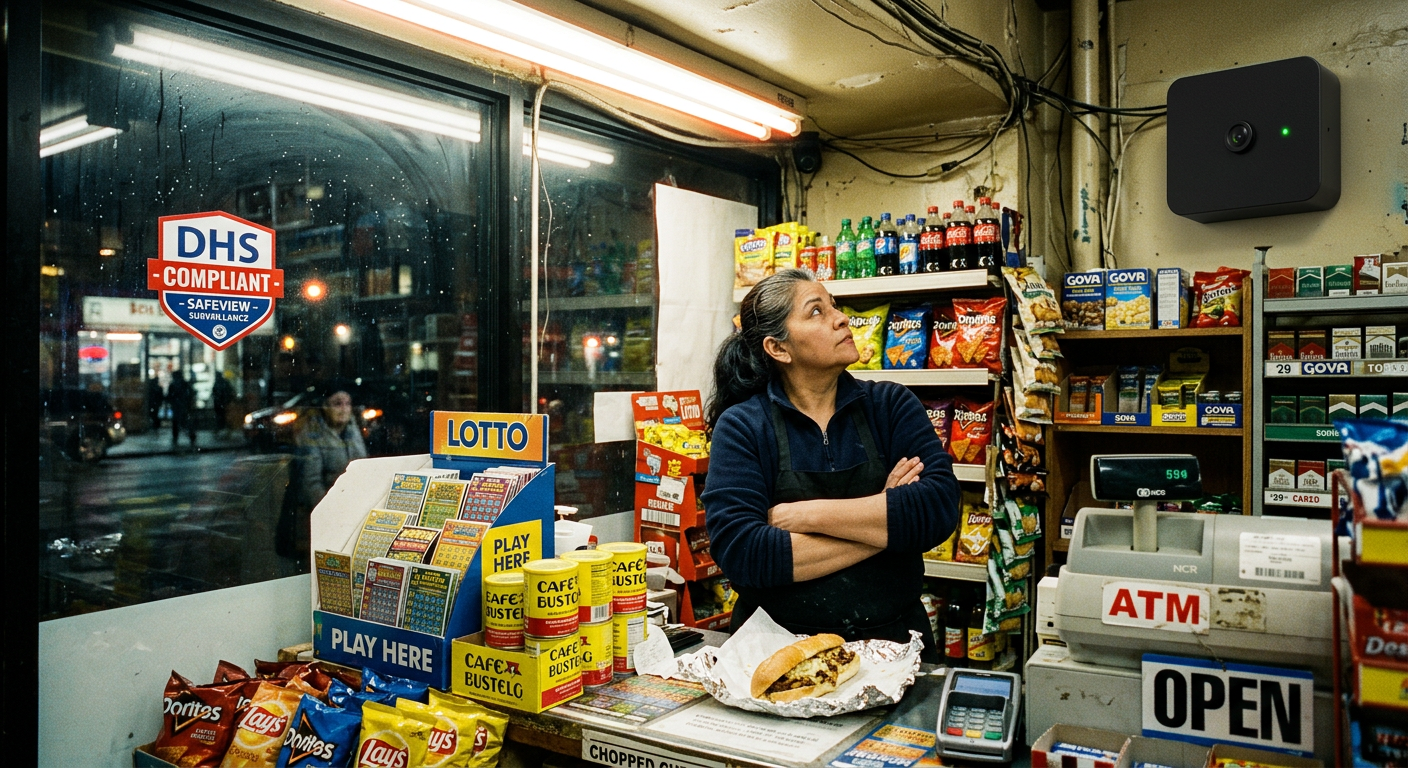 Interior of a Bronx bodega with an OHC Witness camera mounted in the corner, green LED glowing