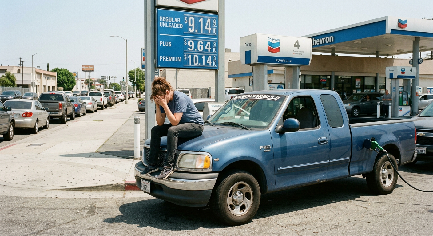 Woman sitting on the hood of a Ford F-150 at a Los Angeles gas station, price sign reading $9.14