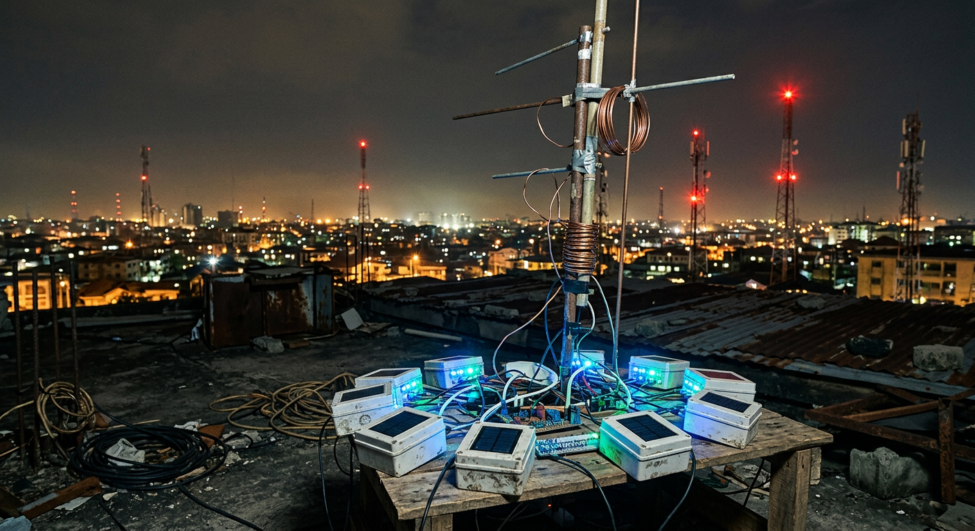 Improvised radio antenna and OHC mesh relays on a Lagos rooftop at night, LEDs glowing blue-green
