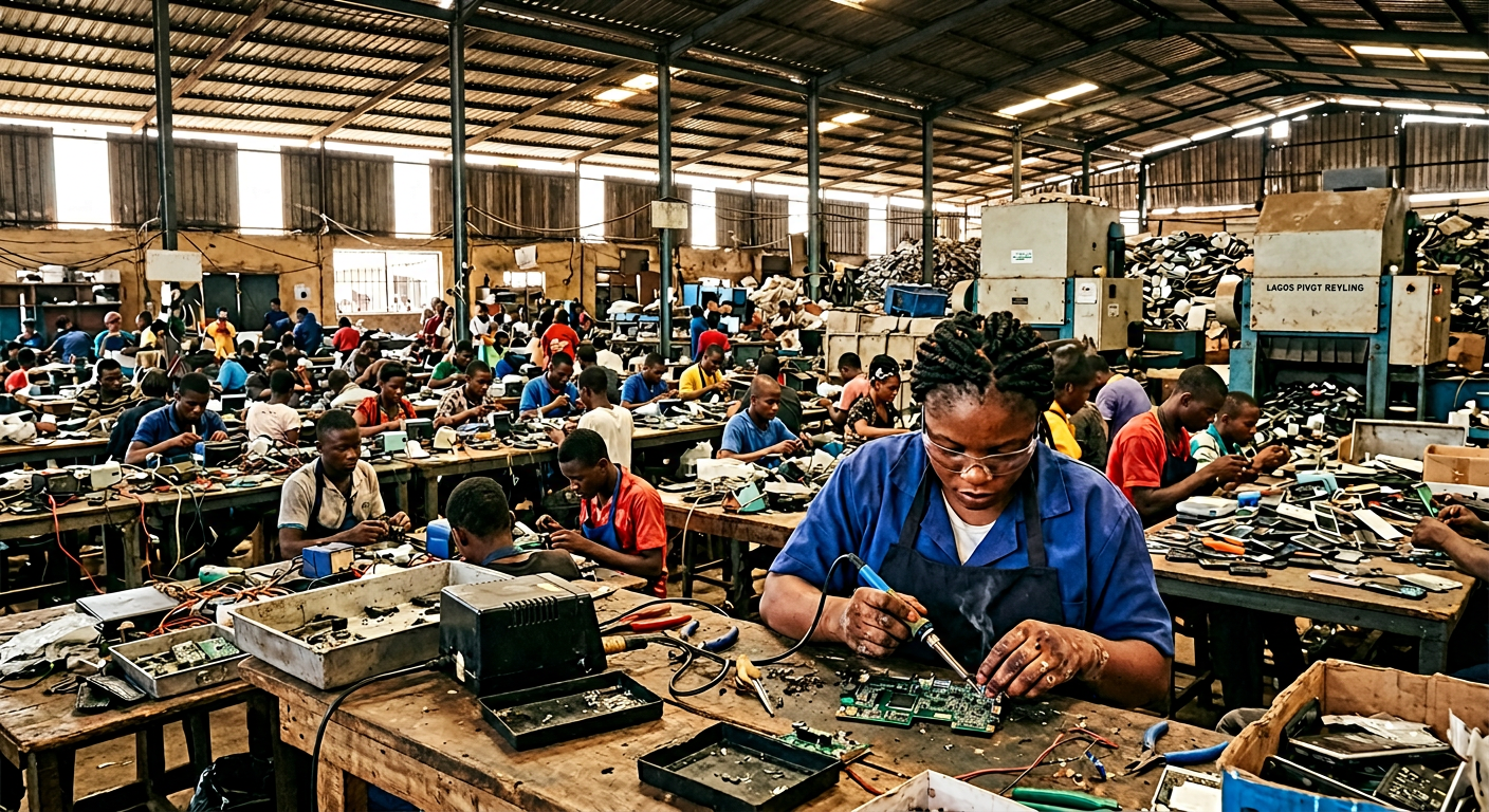 Alaba Market fabrication floor — Nigerian workers assembling devices from salvaged components under corrugated metal roofing