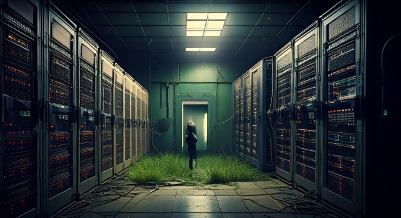 A dark decommissioned server hall with racks of amber indicator lights on both sides, grass growing across the floor toward a lit doorway where a lone technician stands