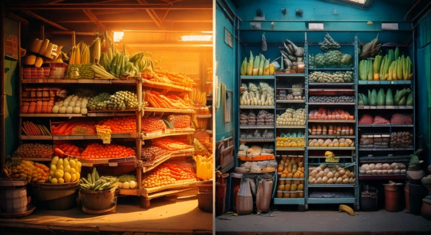 A split image: a warm, abundant Andean market stall on the left; a cold, dim, sparsely stocked North American bodega on the right.