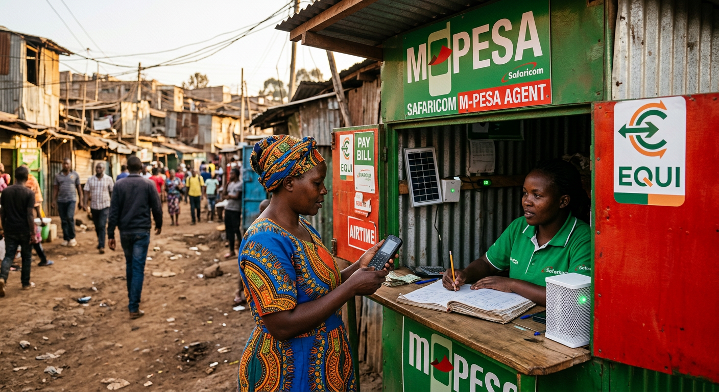 M-Pesa agent kiosk in Kibera with Equi currency sticker, woman holding Nokia feature phone