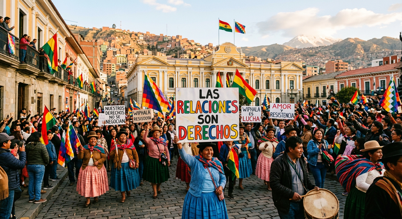 La Paz government building with protest signs reading 'Relationships Are Rights' in Spanish, colorful crowd