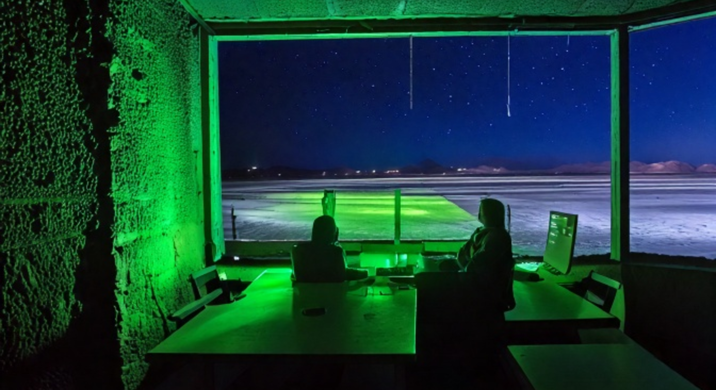 Two analysts at a concrete trading desk at night, faces lit by neon-green terminal glow, a moonlit Andean salt flat stretching to the horizon through the window