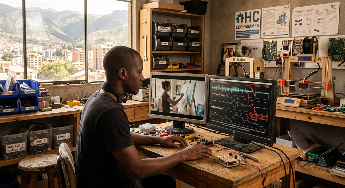 Drew in his Cochabamba workshop studying split-screen footage — a synthetic painter on one monitor, biomechanical coupling data on the other