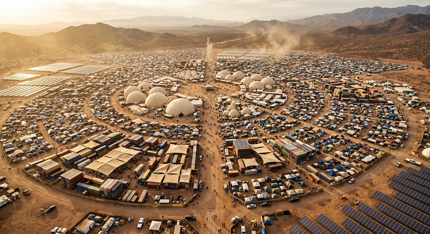 Aerial view of a vast temporary city in the Baja desert, geodesic domes and solar panels stretching to the horizon, dust and light