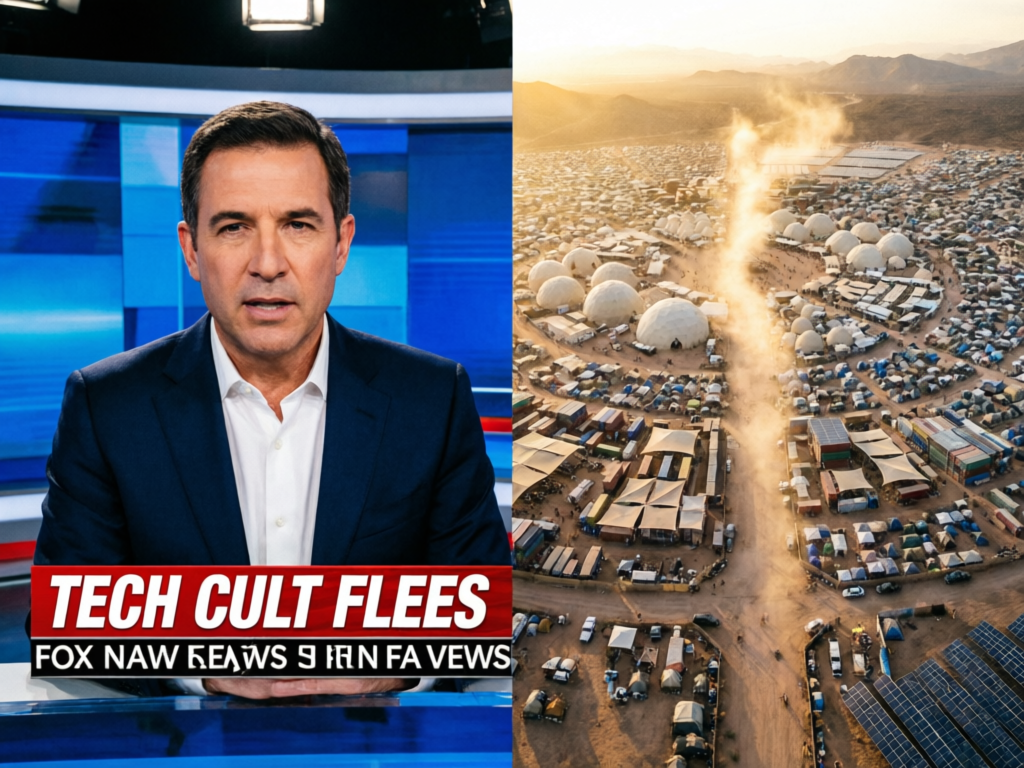 Split-screen TV broadcast showing Fox News 'TECH CULT FLEES' chyron on left, AP drone footage of desert city on right