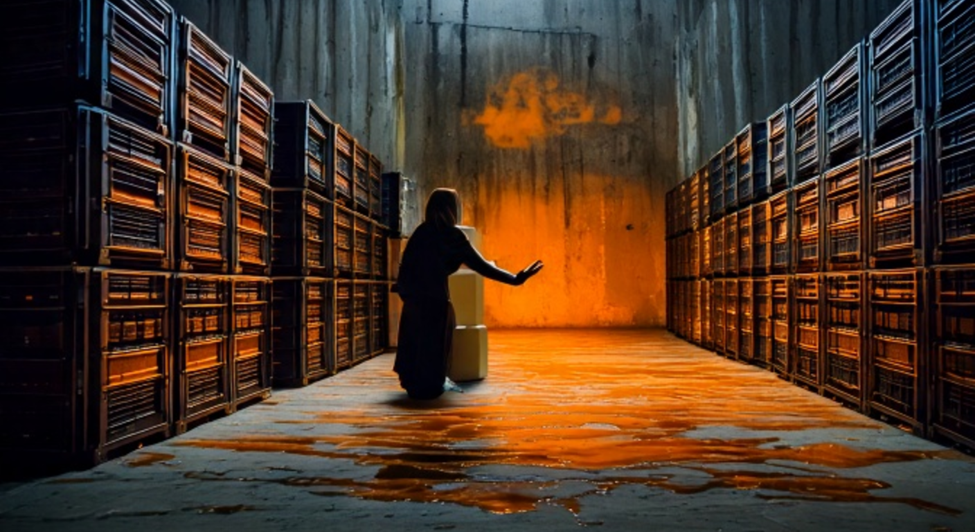 An underground concrete hall beneath the salt flat, walls of stacked foam-lined crates glowing with amber heat, a woman resting her hand on a sealed crate at the center