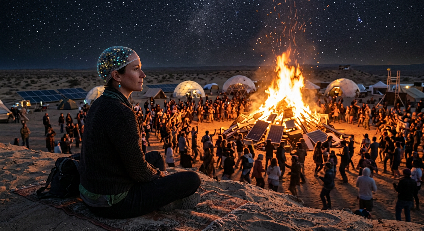 A woman wearing a translucent EEG mesh cap at a desert festival, her skull cap glowing with neural activity data, geodesic domes and bonfire light behind her
