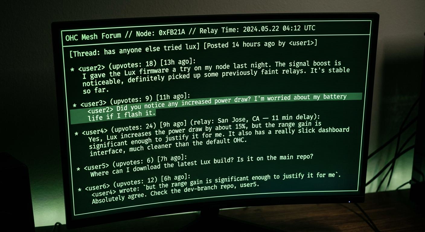 Terminal-style mesh forum interface with green text on dark background, showing a conversation thread with upvote counts and relay timestamps