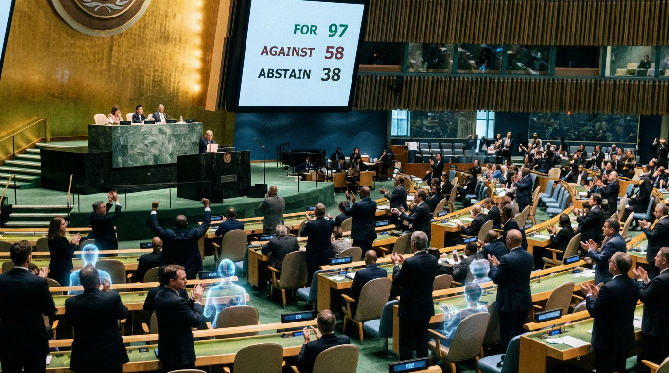 The UN General Assembly hall as delegates rise to applaud — holographic AI representatives visible among the human diplomats, the vote tally showing 97 For, 58 Against, 38 Abstain