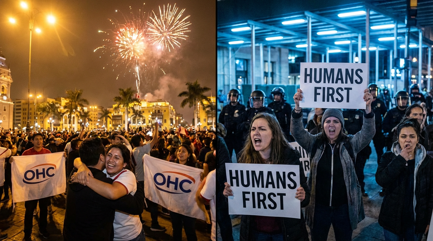 OHC supporters celebrating in Lima's Plaza Mayor alongside "Humans First" protesters outside the UN — the same vote, two opposite reactions
