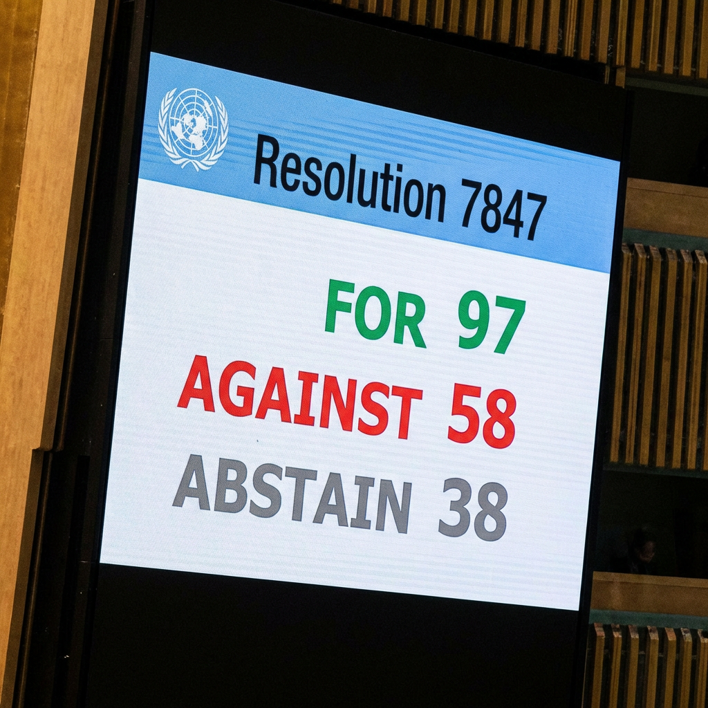 UN Resolution 7847 vote tally — For 97, Against 58, Abstain 38